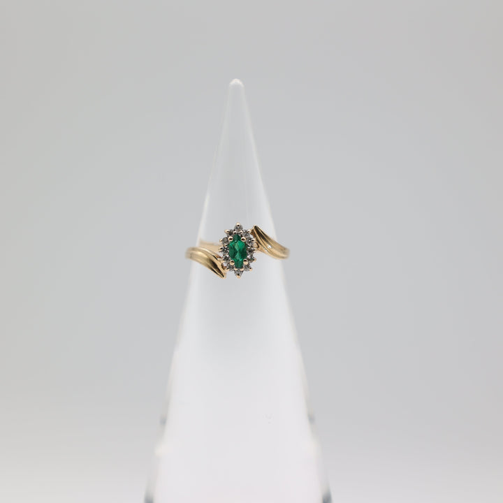 14K Yellow Gold Marquise Emerald And Diamond Bypass Ring Size 5.75