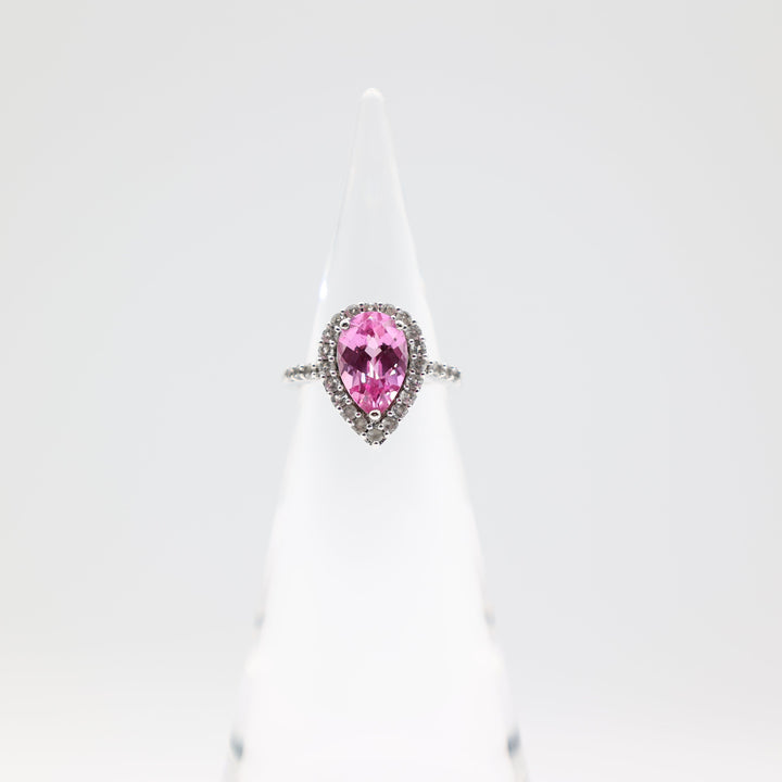 925 Sterling Silver Pear Cut Pink Sapphire Stone with White Sapphire Halo Ring Size 7