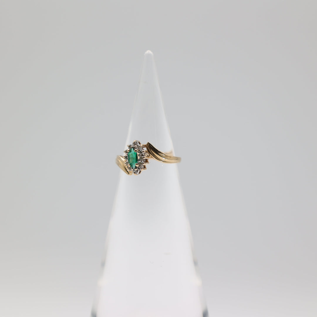 14K Yellow Gold Marquise Emerald And Diamond Bypass Ring Size 5.75