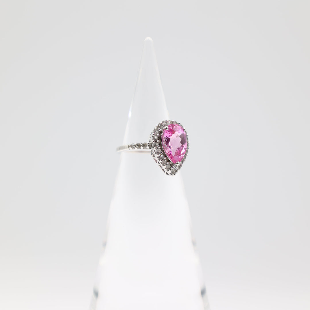 925 Sterling Silver Pear Cut Pink Sapphire Stone with White Sapphire Halo Ring Size 7