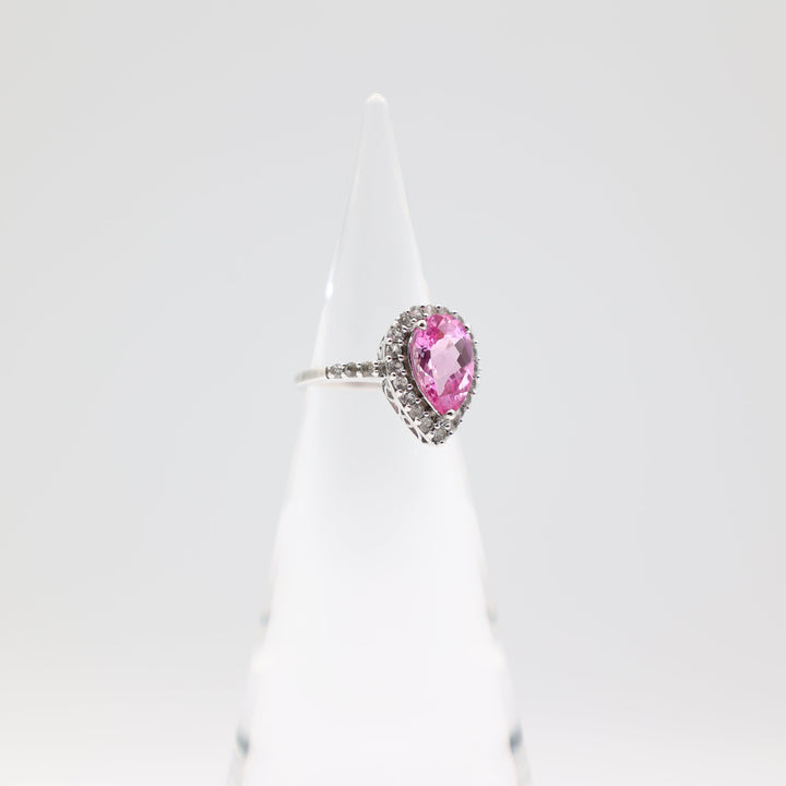 925 Sterling Silver Pear Cut Pink Sapphire Stone with White Sapphire Halo Ring Size 7