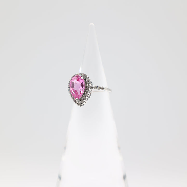 925 Sterling Silver Pear Cut Pink Sapphire Stone with White Sapphire Halo Ring Size 7