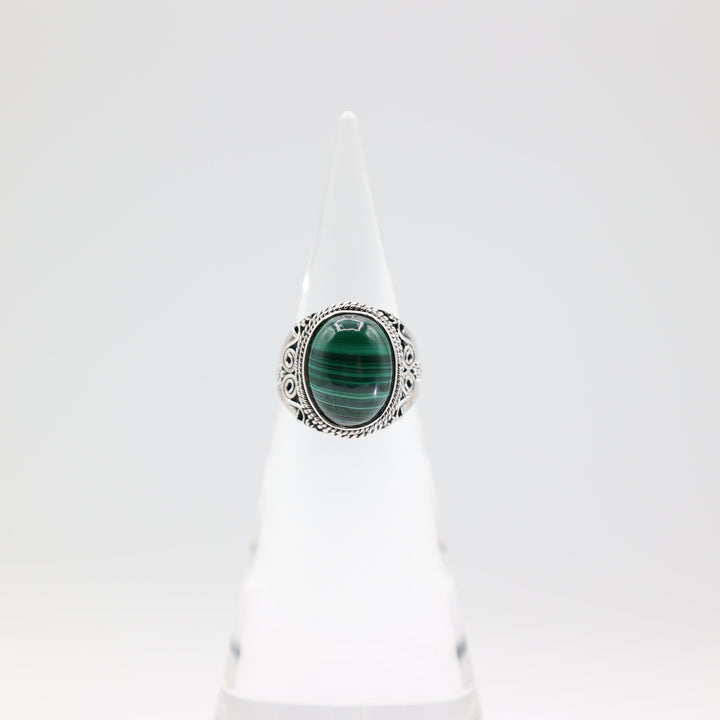 925 Sterling Silver Green Malachite Cabochon Stone Ring Size 9 16x12mm