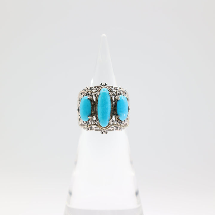 925 Sterling Silver 3 Oval Turquoise Stones with Antique Swirls Ring Size 9.75