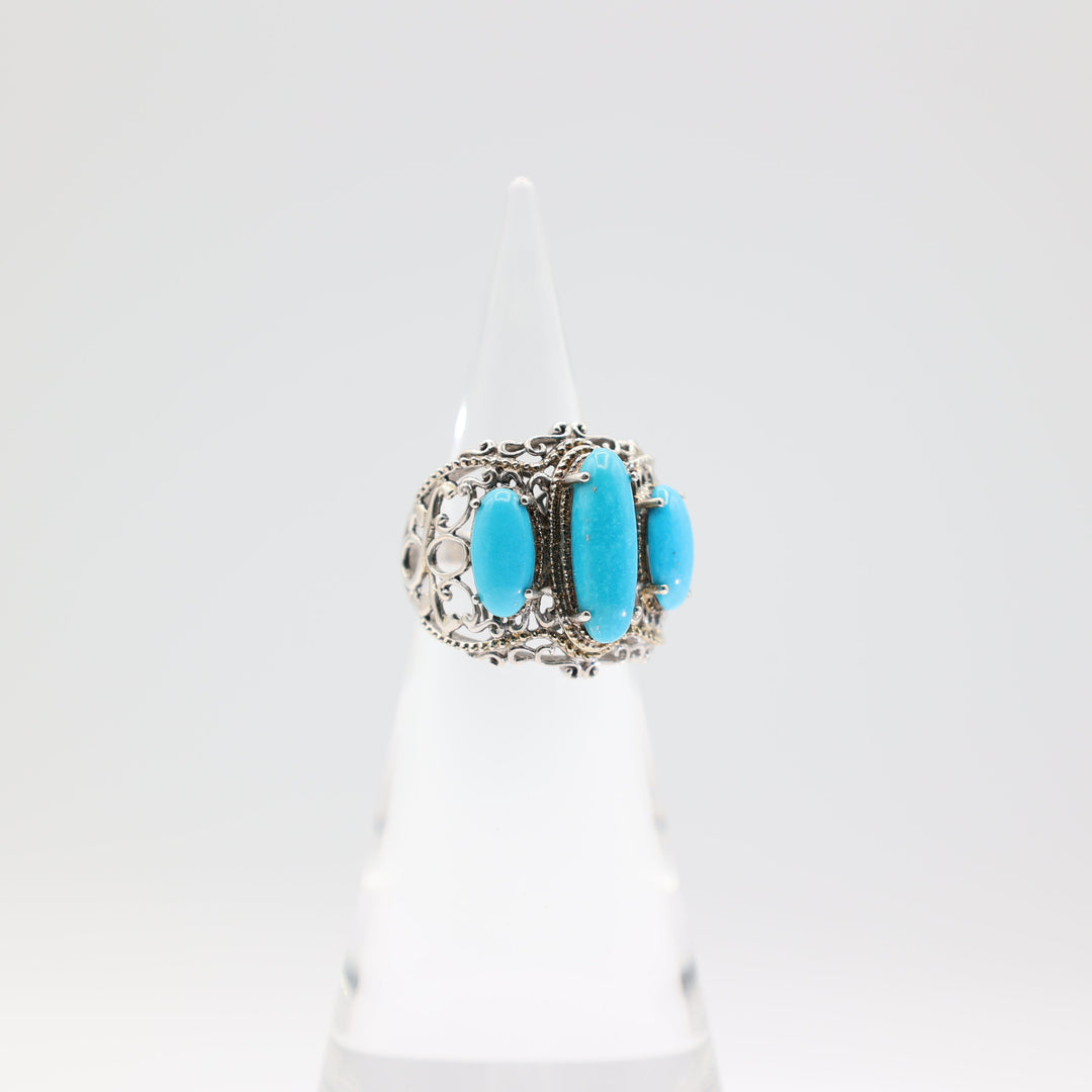 925 Sterling Silver 3 Oval Turquoise Stones with Antique Swirls Ring Size 9.75