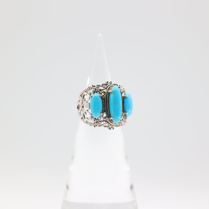 925 Sterling Silver 3 Oval Turquoise Stones with Antique Swirls Ring Size 9.75