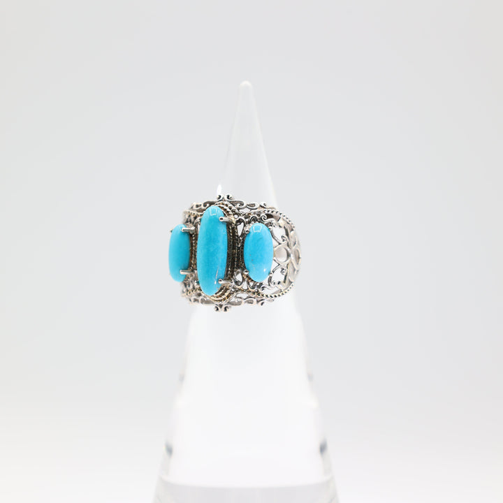 925 Sterling Silver 3 Oval Turquoise Stones with Antique Swirls Ring Size 9.75