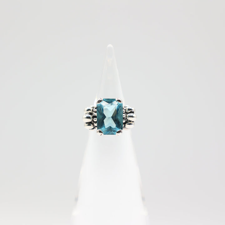 925 Sterling Silver Emerald Cut Blue Stone Ring Size 5.5