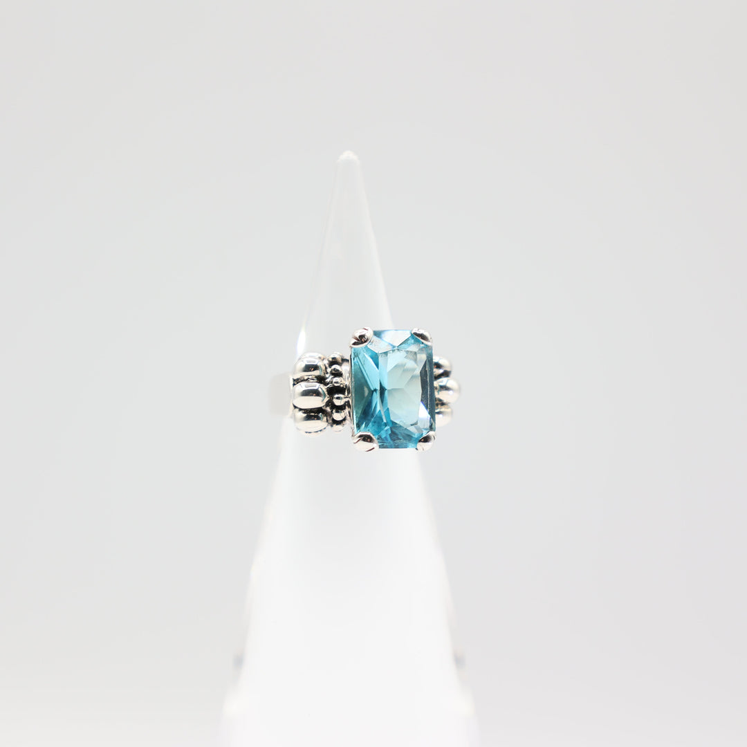 925 Sterling Silver Emerald Cut Blue Stone Ring Size 5.5