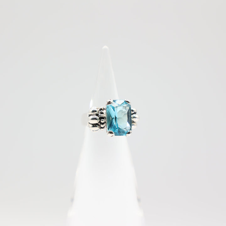 925 Sterling Silver Emerald Cut Blue Stone Ring Size 5.5