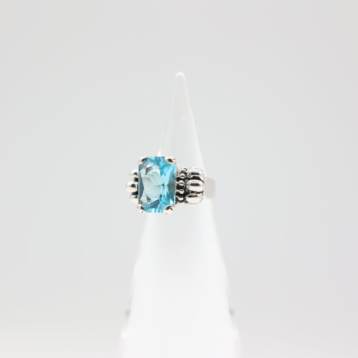 925 Sterling Silver Emerald Cut Blue Stone Ring Size 5.5