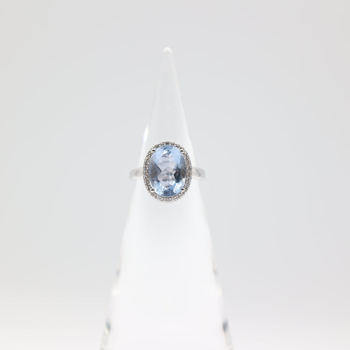 925 Sterling Silver Band Ring with Oval 14x10mm Blue Spinel Stone and White Spinel Halo Size 7.75