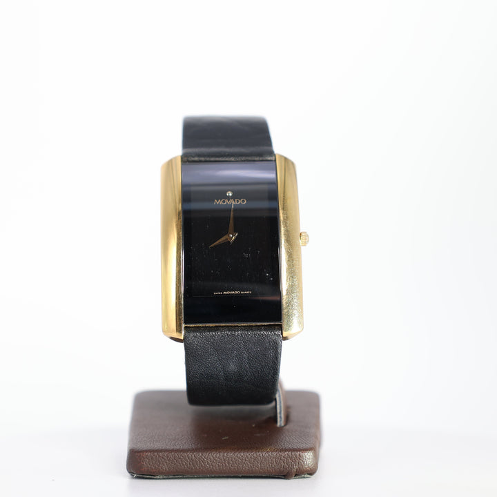 Movado La Nouvelle Rectangular Gold Tone and Black Leather Watch
