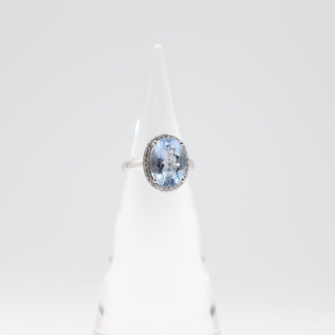 925 Sterling Silver Band Ring with Oval 14x10mm Blue Spinel Stone and White Spinel Halo Size 7.75