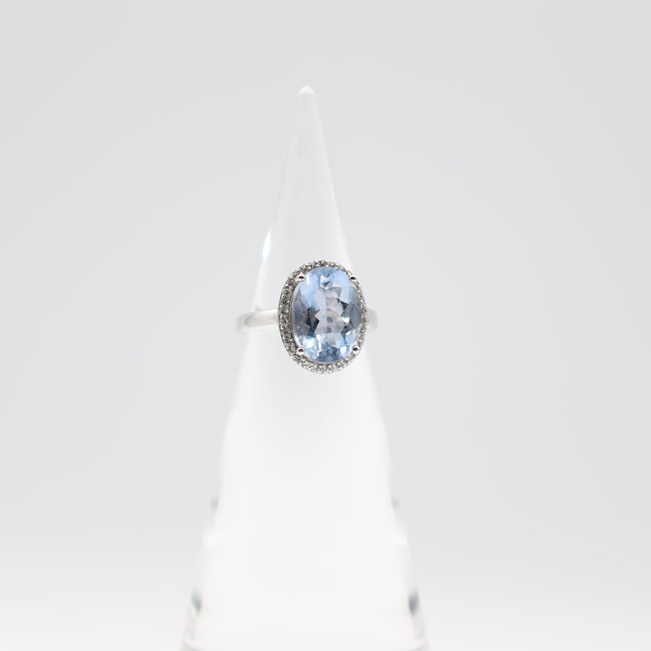 925 Sterling Silver Band Ring with Oval 14x10mm Blue Spinel Stone and White Spinel Halo Size 7.75