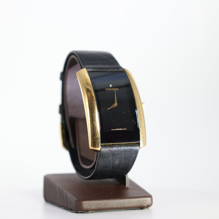 Movado La Nouvelle Rectangular Gold Tone and Black Leather Watch