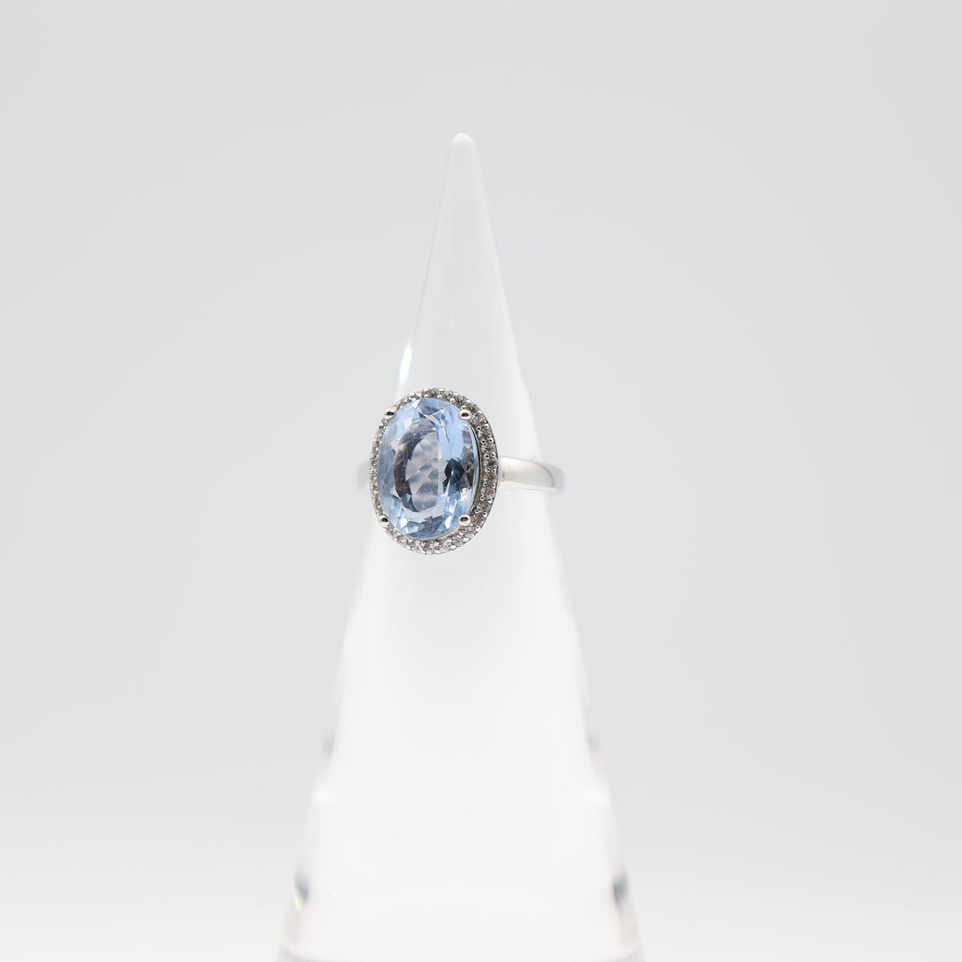 925 Sterling Silver Band Ring with Oval 14x10mm Blue Spinel Stone and White Spinel Halo Size 7.75