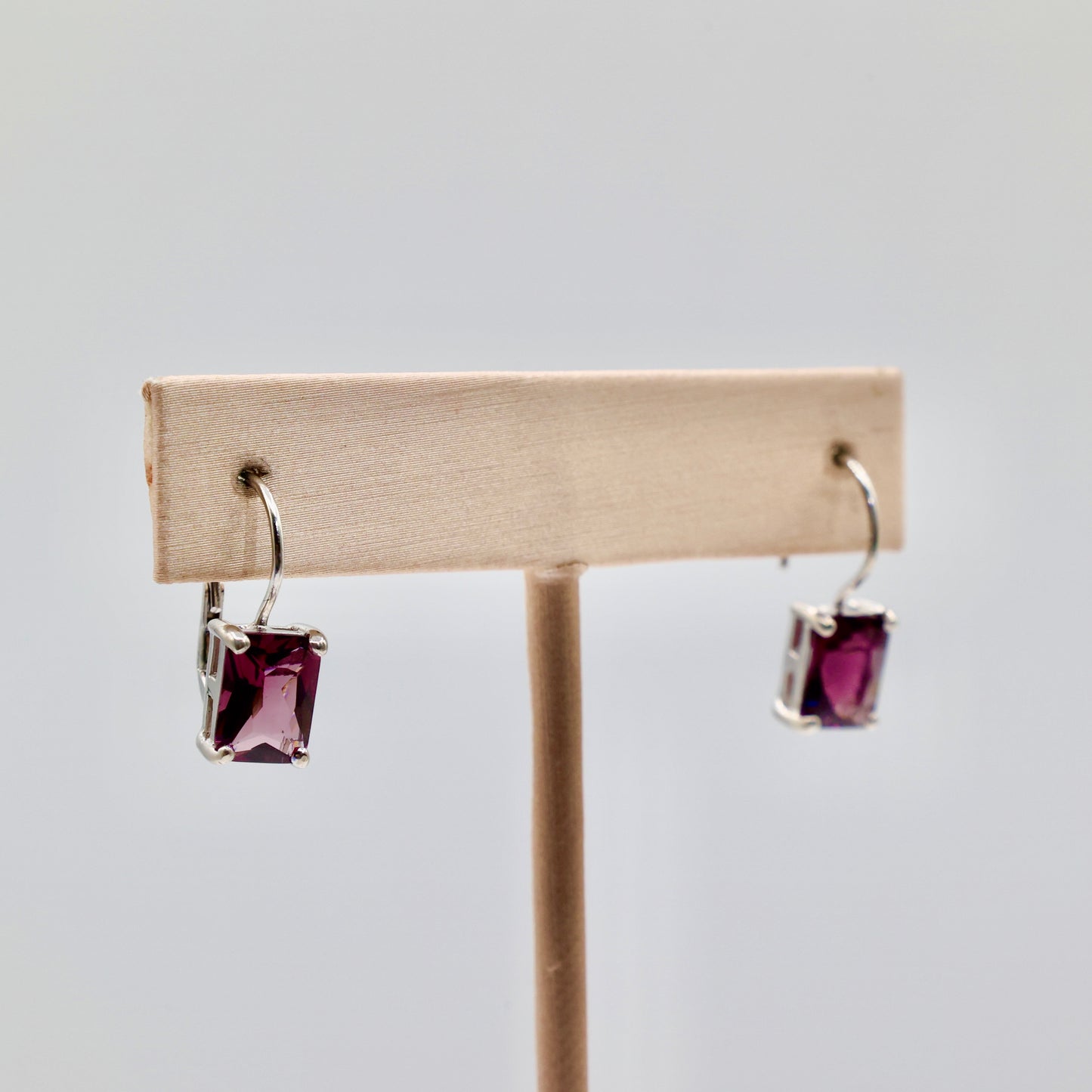 925 Sterling Silver Square Purple Amethyst Emerald Cut Drop Earrings