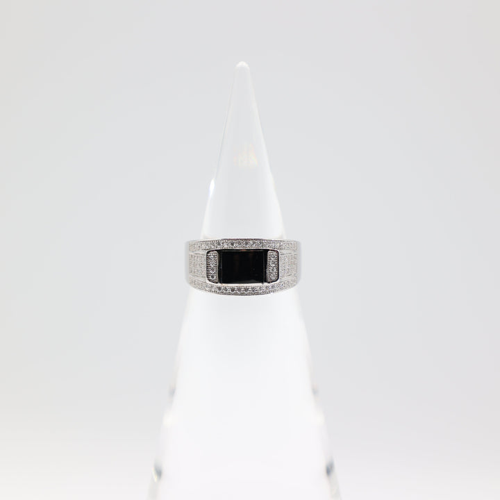 925 Sterling Silver Men's Black Onyx Stone Ring with CZ Rows Size 9.5