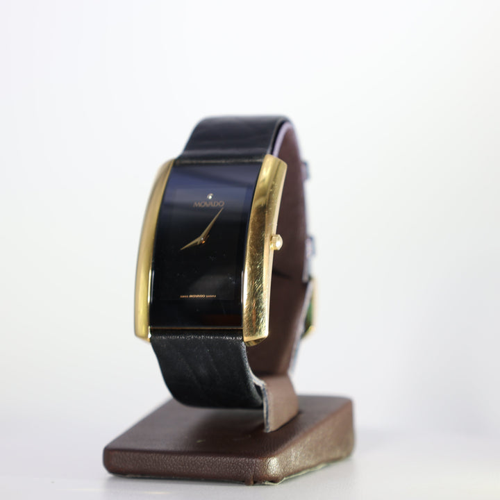 Movado La Nouvelle Rectangular Gold Tone and Black Leather Watch