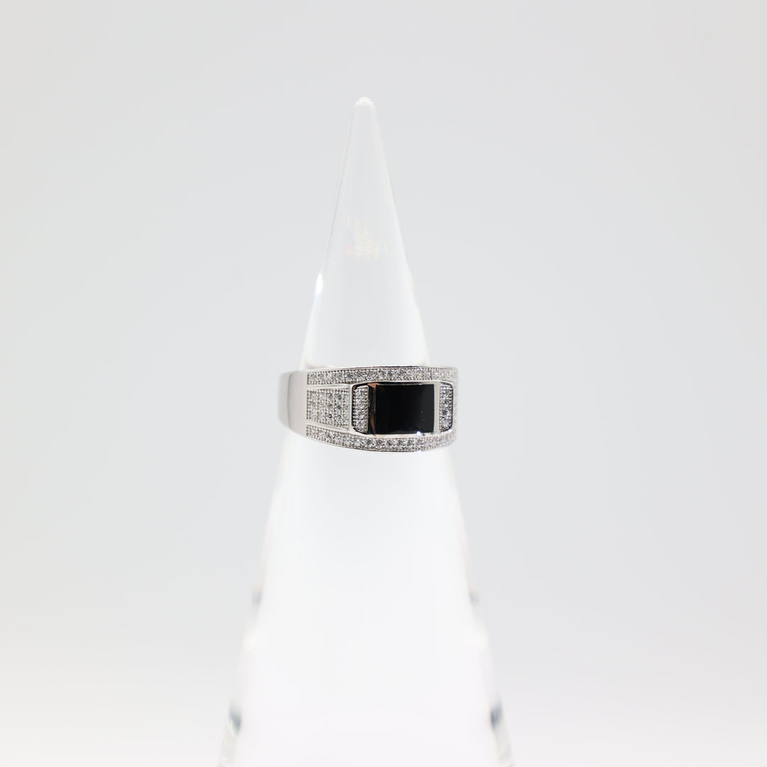 925 Sterling Silver Men's Black Onyx Stone Ring with CZ Rows Size 9.5