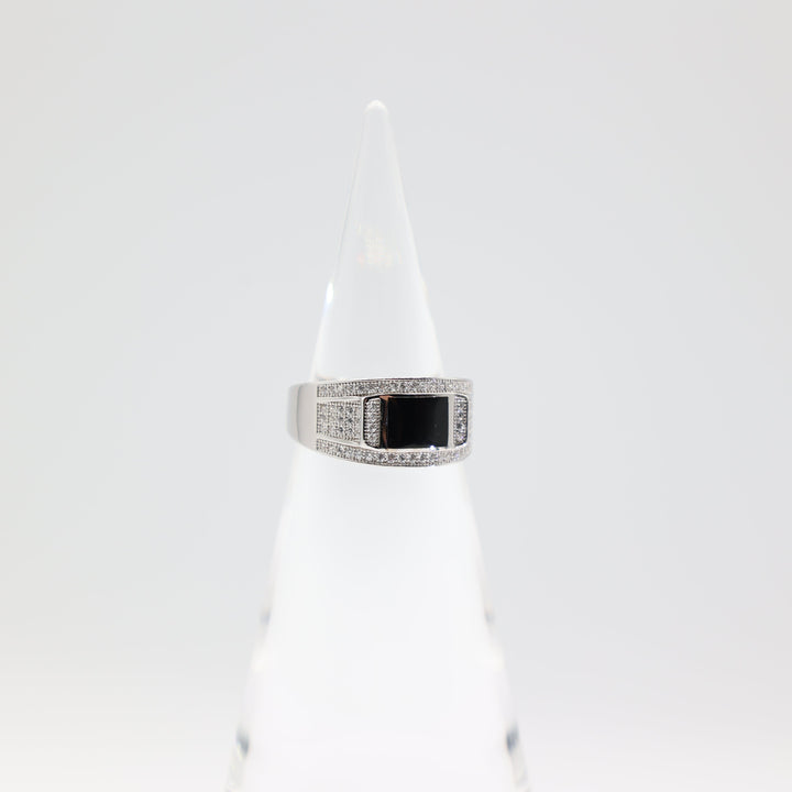 925 Sterling Silver Men's Black Onyx Stone Ring with CZ Rows Size 9.5