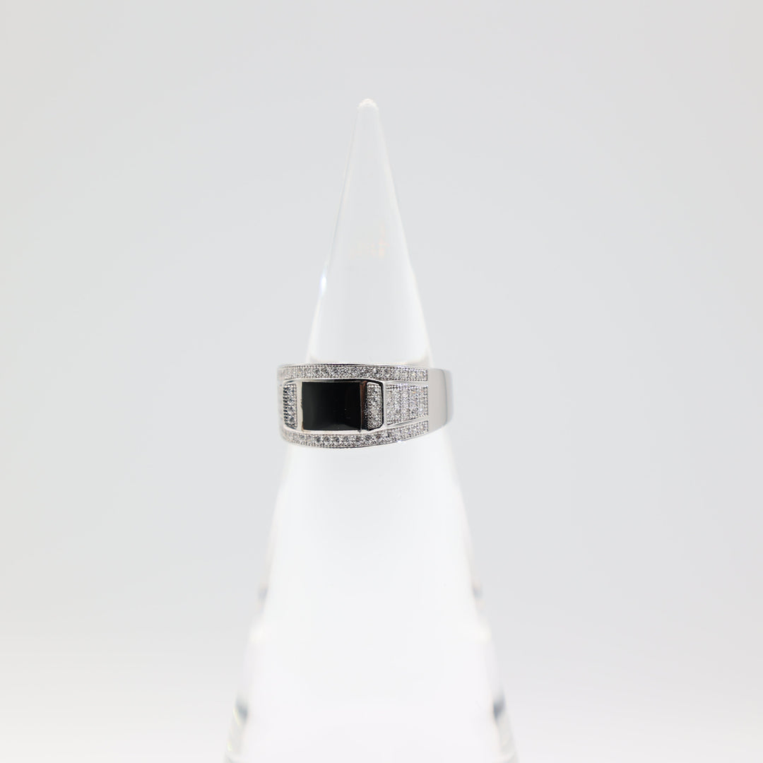 925 Sterling Silver Men's Black Onyx Stone Ring with CZ Rows Size 9.5
