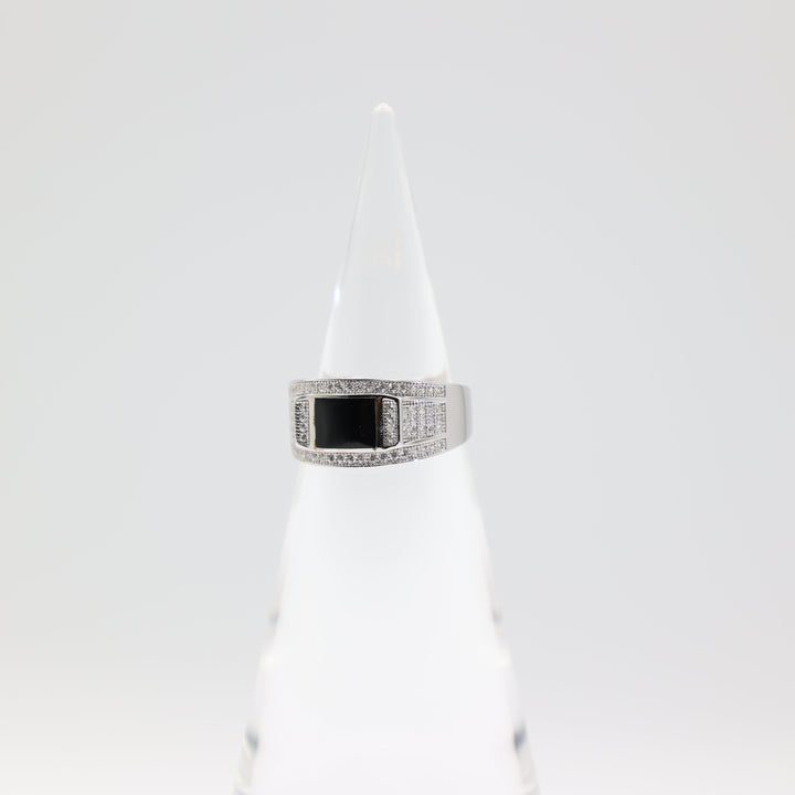 925 Sterling Silver Men's Black Onyx Stone Ring with CZ Rows Size 9.5