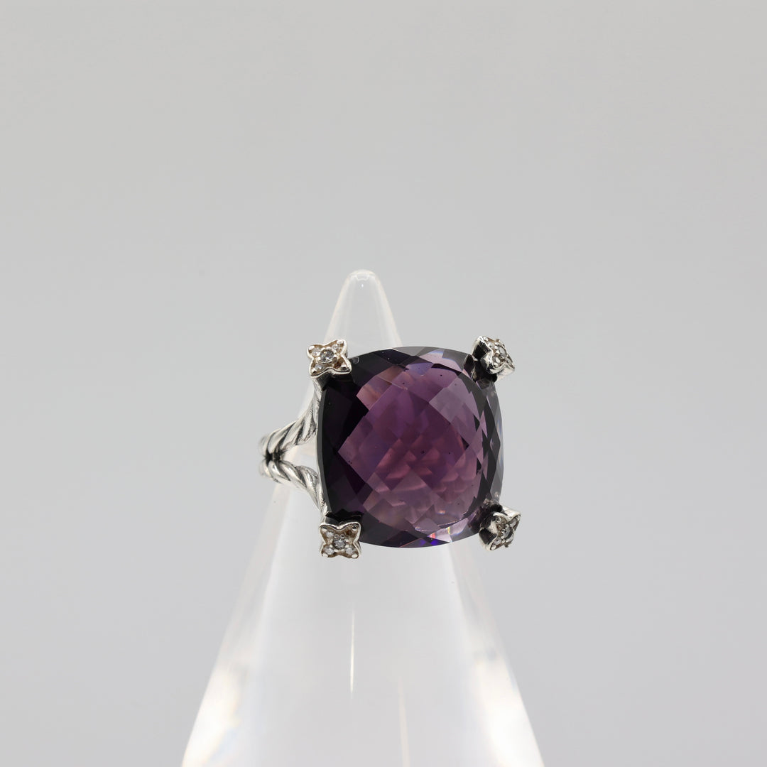 925 Sterling Silver David Yurman Chatelaine Amethyst W/Diamonds Ring- Size 7