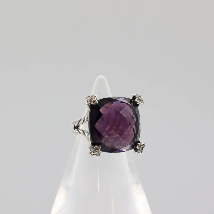 925 Sterling Silver David Yurman Chatelaine Amethyst W/Diamonds Ring- Size 7