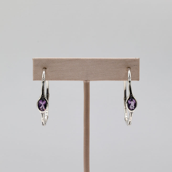 925 Sterling Silver John Hardy Batu Amethyst Bamboo Hoop Earrings 8.5g