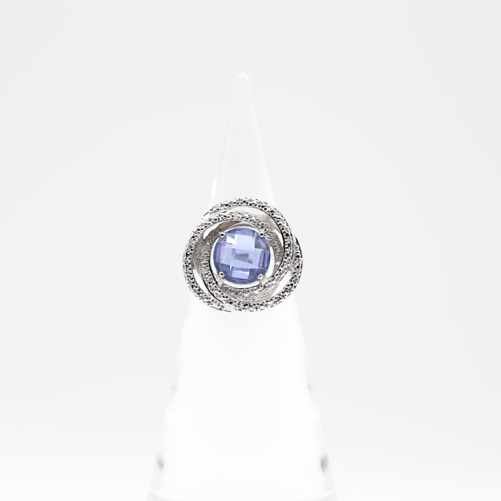 925 Sterling Silver 11mm Round Blue Stone Twisted Circular Halo Ring Size 9.5