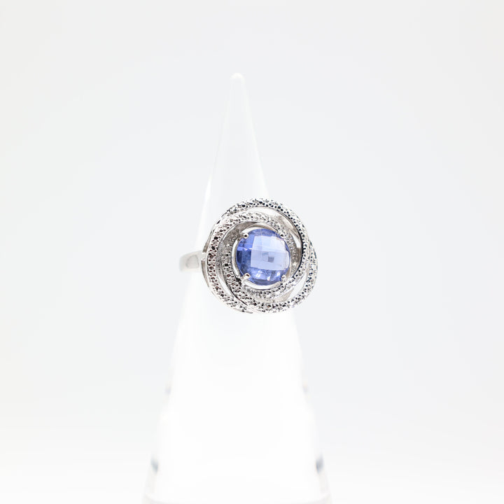 925 Sterling Silver 11mm Round Blue Stone Twisted Circular Halo Ring Size 9.5