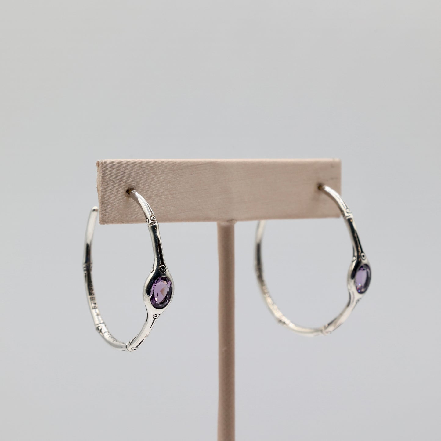 925 Sterling Silver John Hardy Batu Amethyst Bamboo Hoop Earrings 8.5g