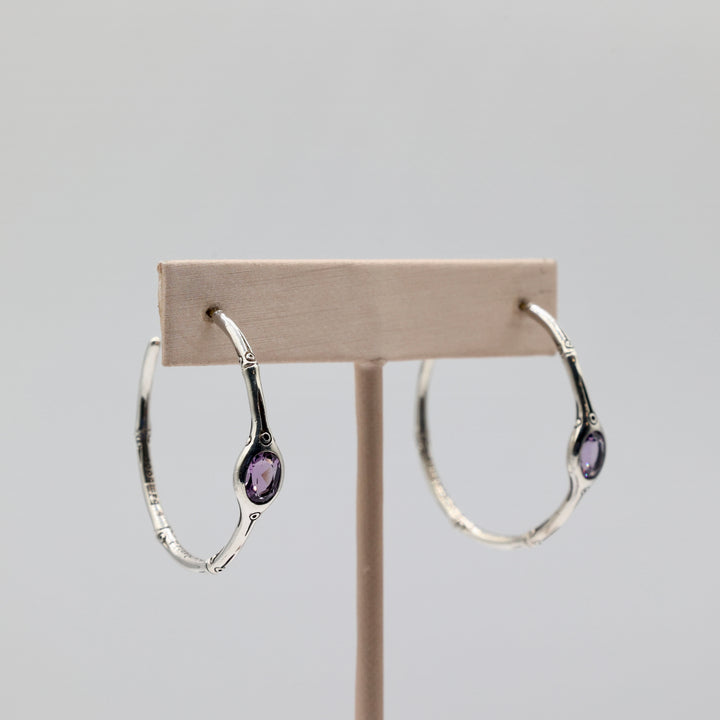 925 Sterling Silver John Hardy Batu Amethyst Bamboo Hoop Earrings 8.5g