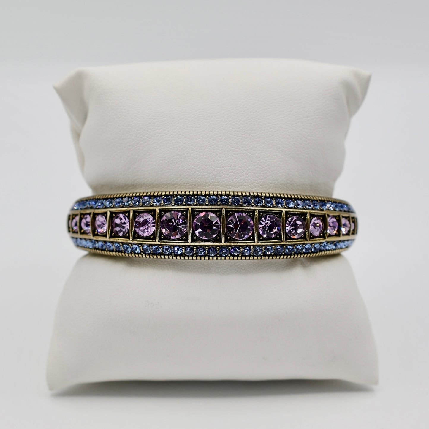 Heidi Daus Brass Blue and Purple Rhinestone Hinge Bangle Bracelet