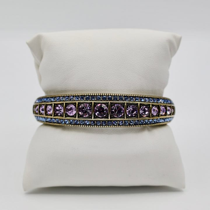 Heidi Daus Brass Blue and Purple Rhinestone Hinge Bangle Bracelet