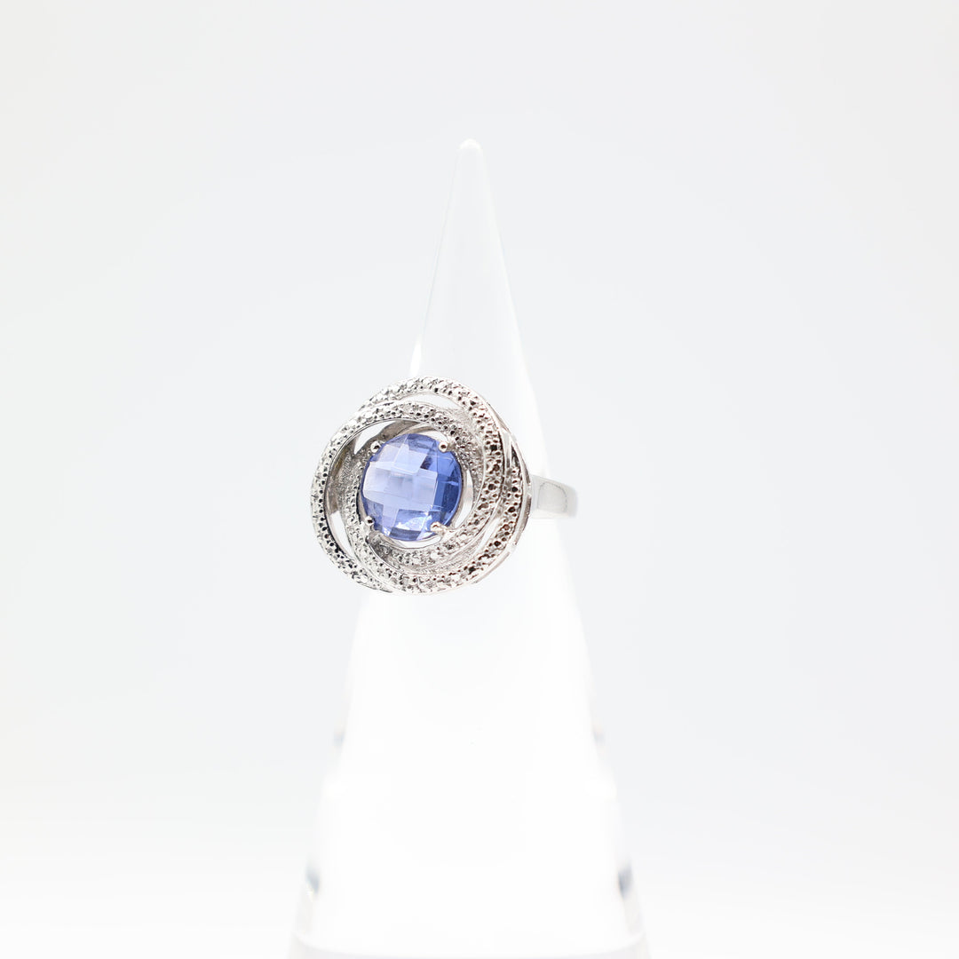 925 Sterling Silver 11mm Round Blue Stone Twisted Circular Halo Ring Size 9.5