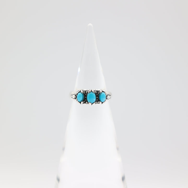 925 Silver Three Turquoise Stone Six Millimeter by Four Millimeter Ring Size Seven Point Seven Five