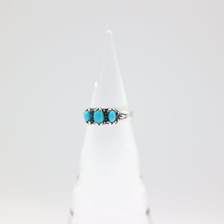 925 Silver Three Turquoise Stone Six Millimeter by Four Millimeter Ring Size Seven Point Seven Five