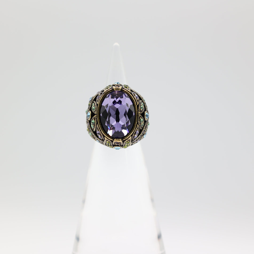 Brass Heidi Daus Purple Rhinestone Ring Green And Blue Accent Stones Size 6.5