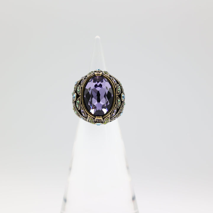 Brass Heidi Daus Purple Rhinestone Ring Green And Blue Accent Stones Size 6.5