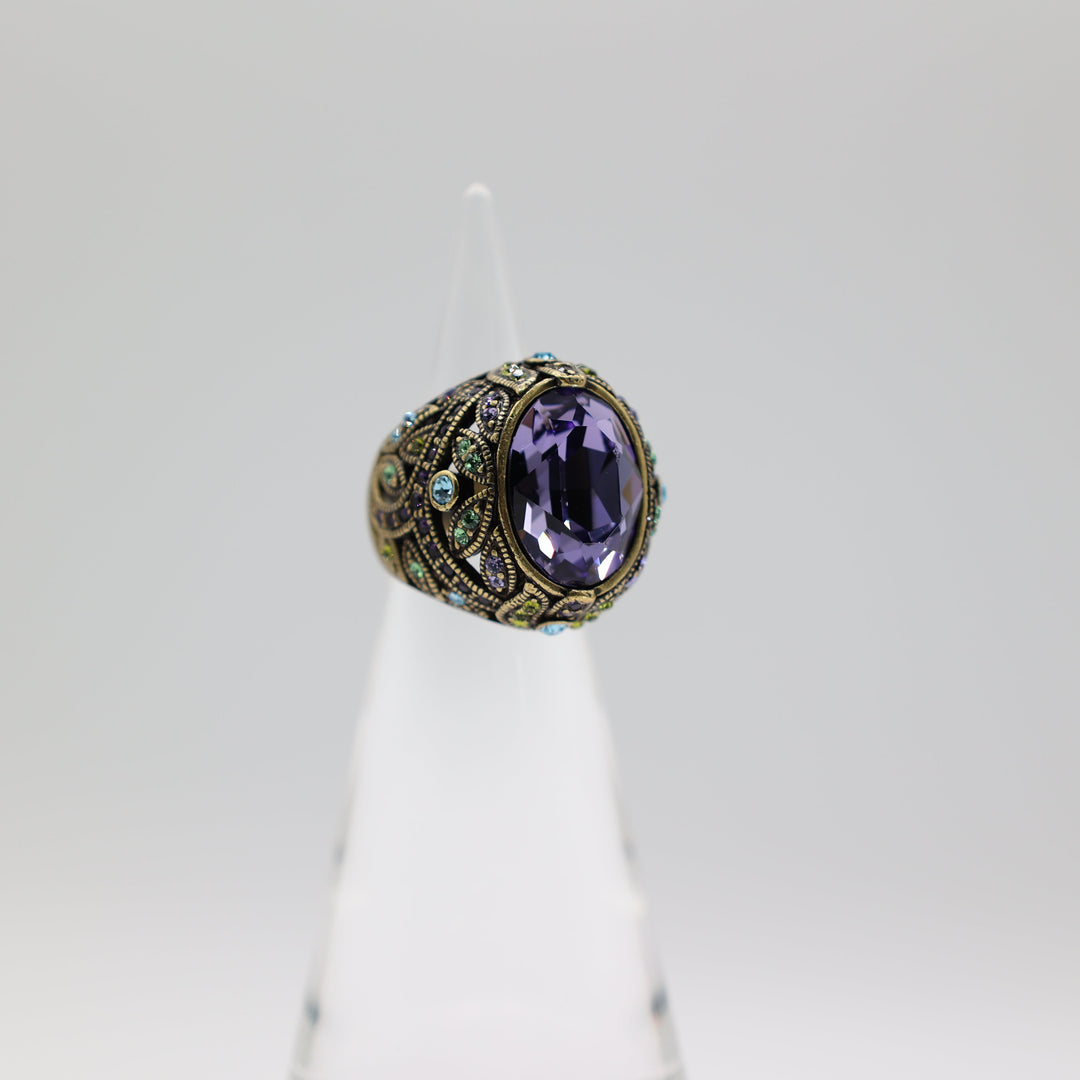 Brass Heidi Daus Purple Rhinestone Ring Green And Blue Accent Stones Size 6.5