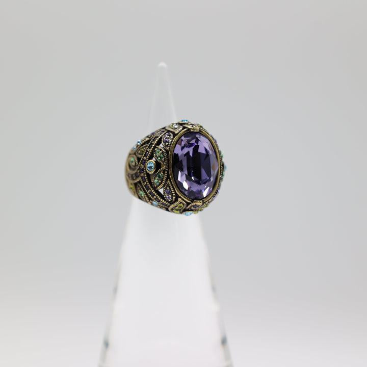 Brass Heidi Daus Purple Rhinestone Ring Green And Blue Accent Stones Size 6.5