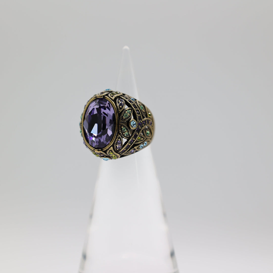 Brass Heidi Daus Purple Rhinestone Ring Green And Blue Accent Stones Size 6.5