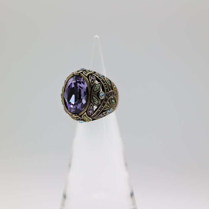 Brass Heidi Daus Purple Rhinestone Ring Green And Blue Accent Stones Size 6.5