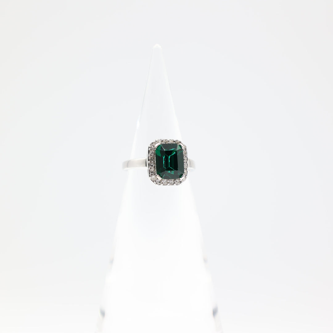 925 Sterling Silver Ring With Emerald Cut Glass Green Stone Cubic Zirconia Accents Size 7.75