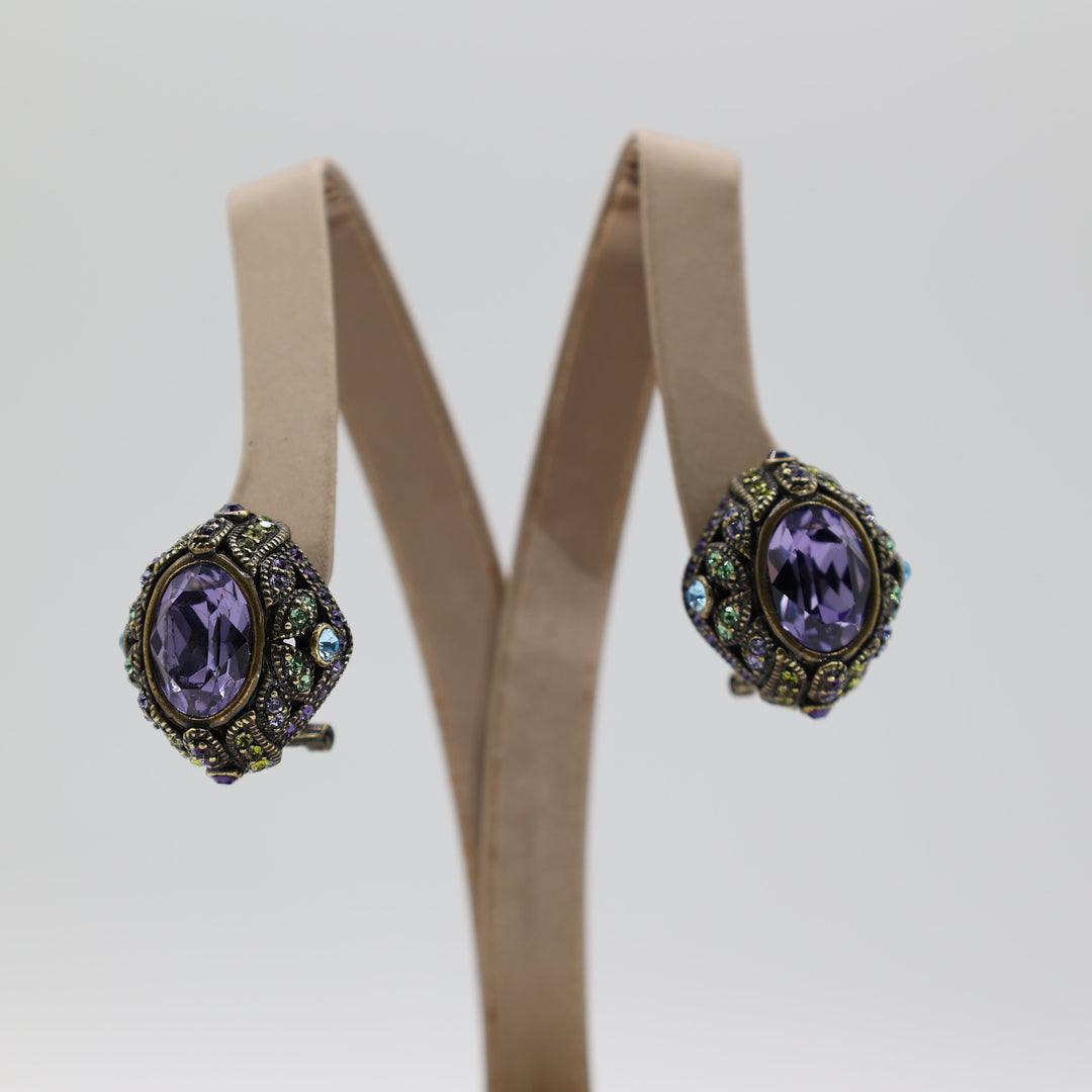 Brass Heidi Daus Purple Rhinestone Earrings With Green And Blue Accent Stones