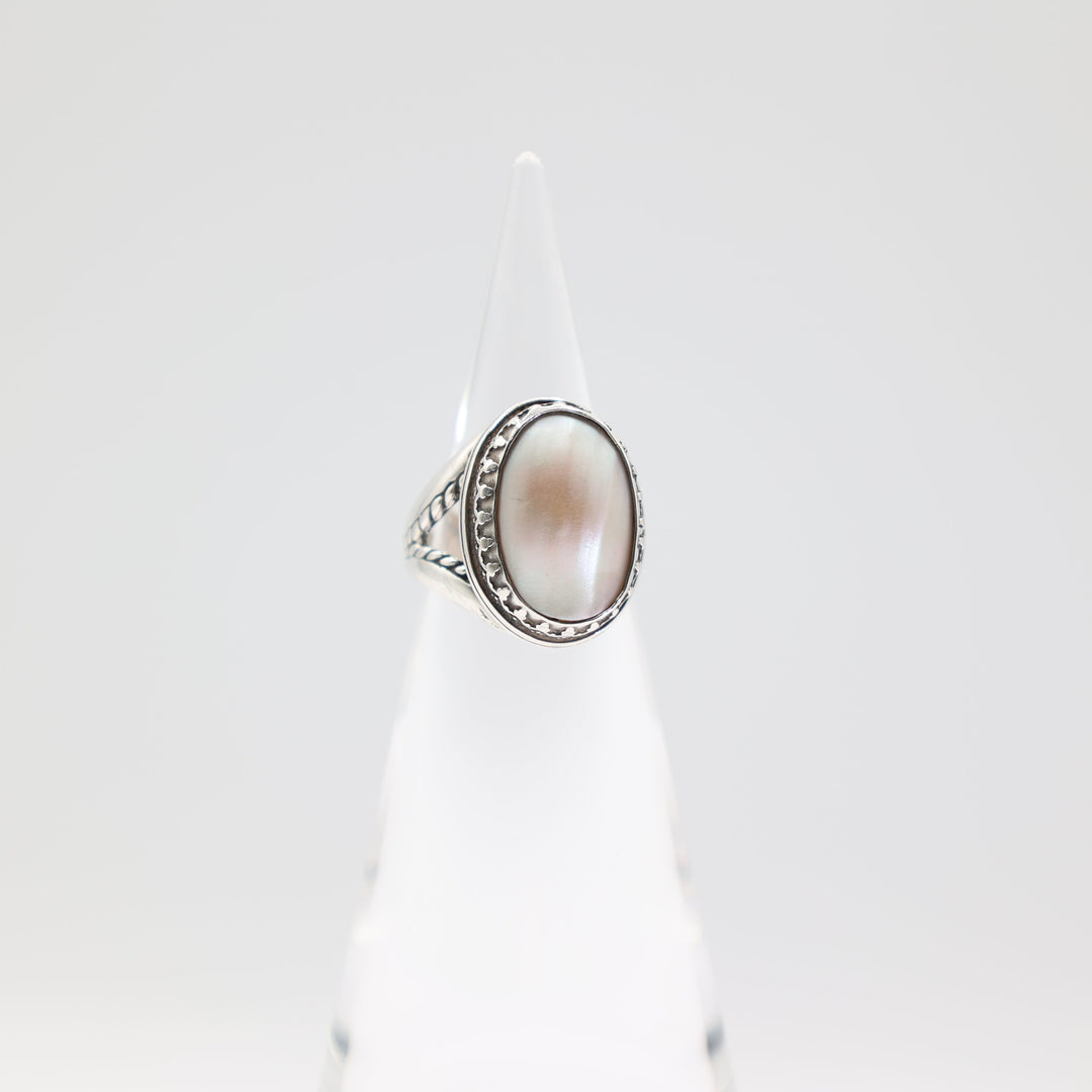 925 Sterling Silver 18x12mm Oval Mother of Pearl Stone Ring Size 8