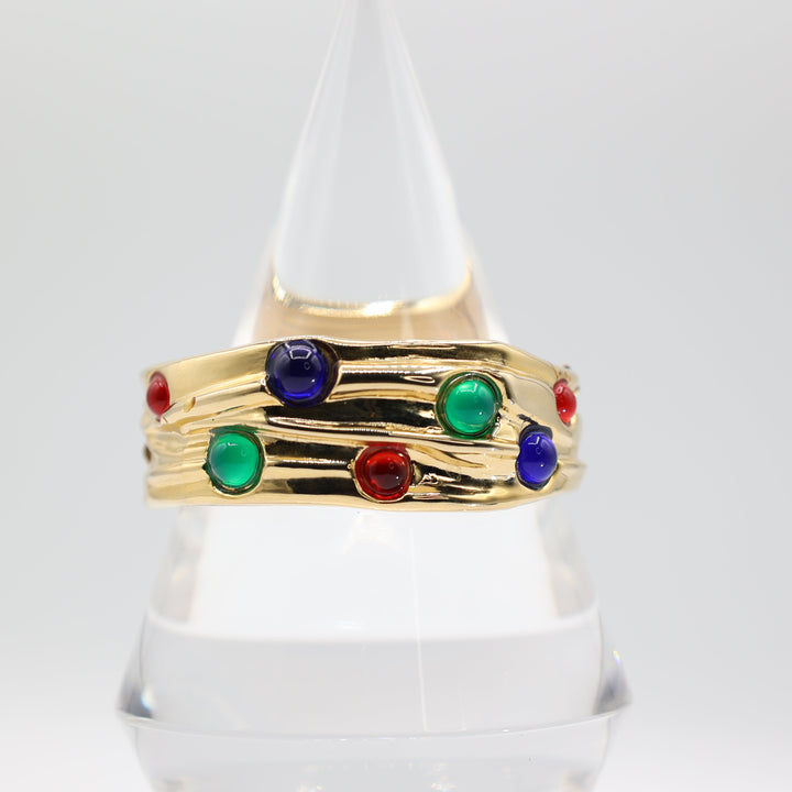 Vintage Gold Tone Gripoix Style Bracelet With Red Blue And Green Cabochon Stones